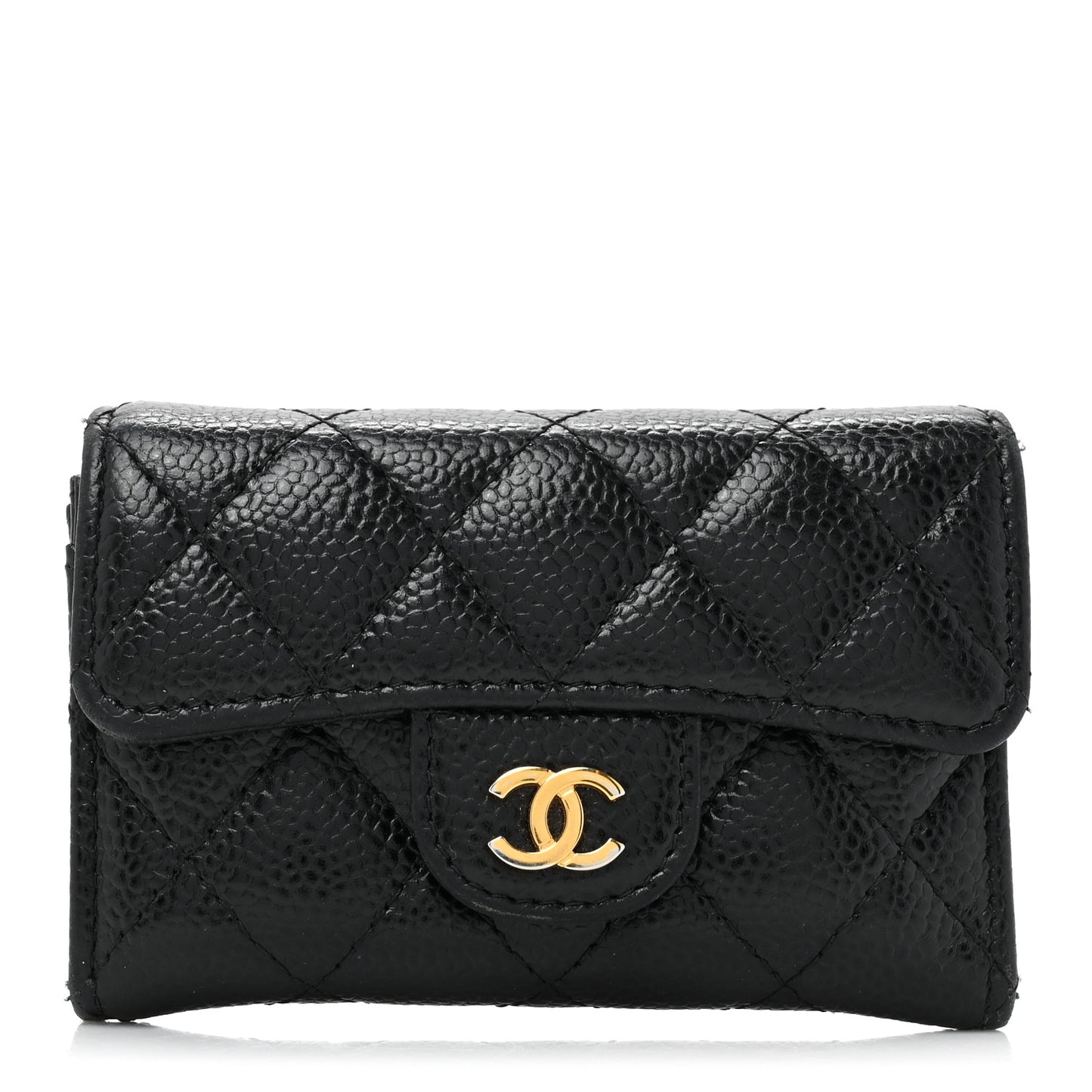 Caviar Quilted Flap Card Holder Wallet Black