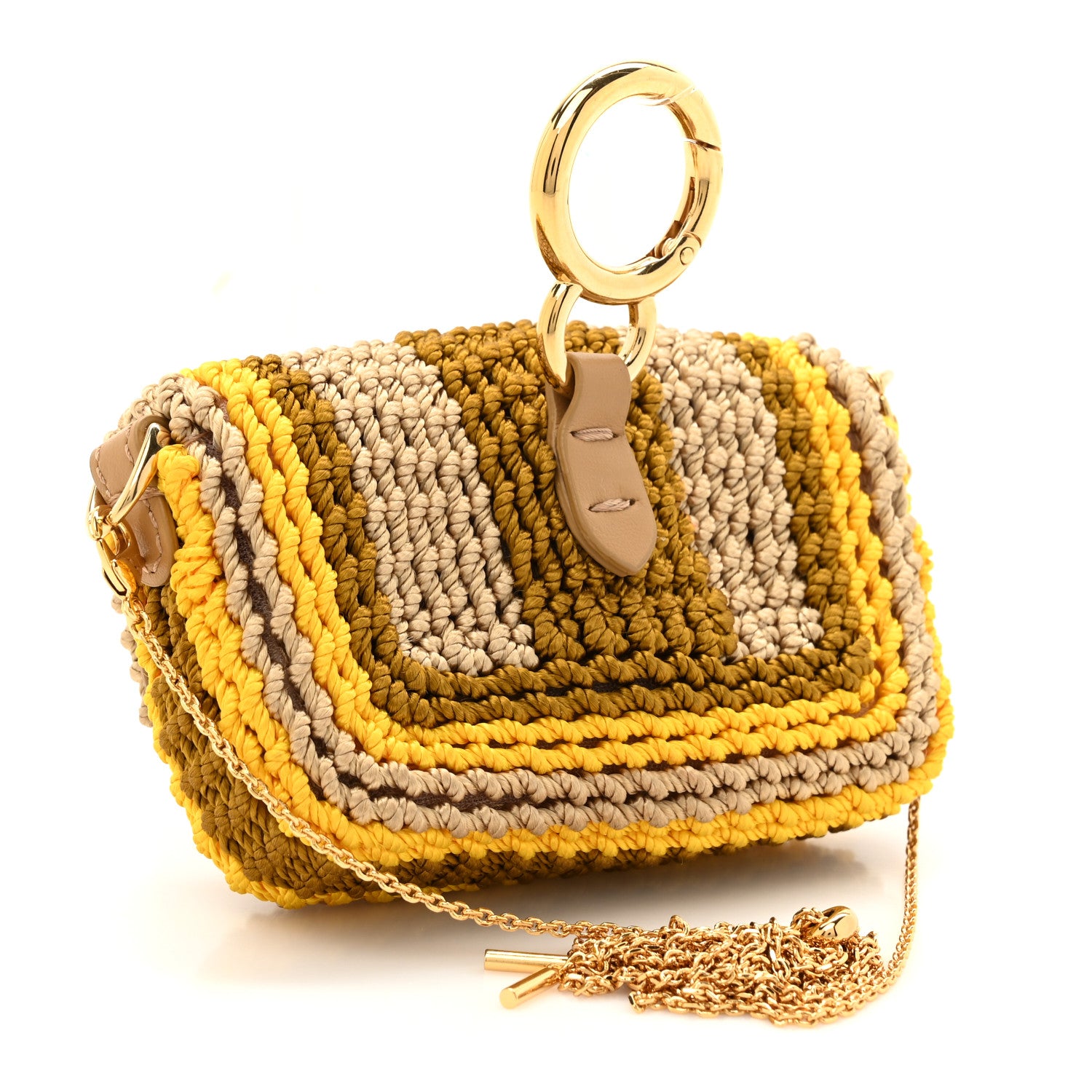 Fendi Woven Nappa FF Nano Maxi Buckle Baguette Charm Sand Pomelo Miele Scuro 3 of 10
