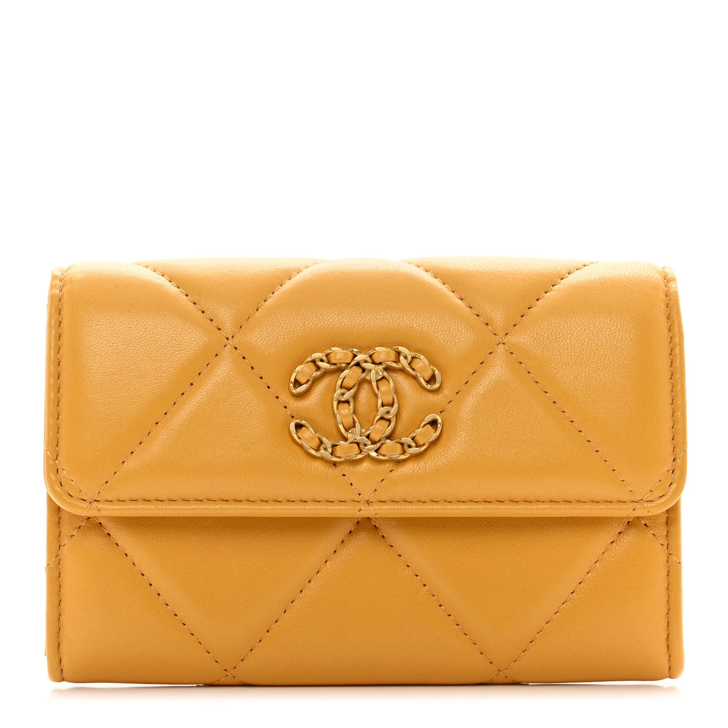 Lambskin Quilted Chanel 19 Flap Card Holder Yellow