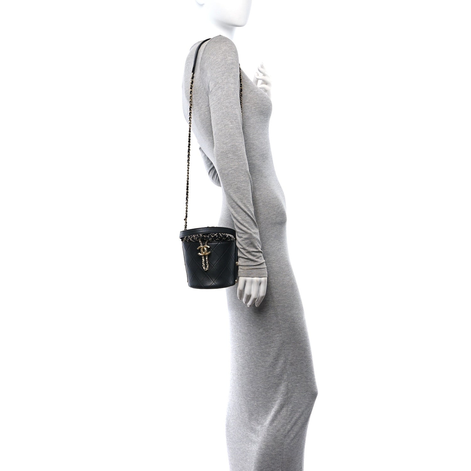 Chanel Calfskin Tweed Small CC Chain Bucket Drawstring Bag Black Multicolor 2 of 10