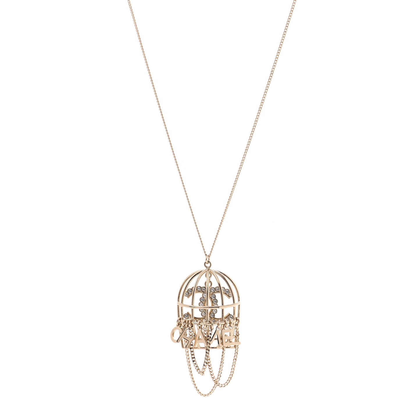 Metal Crystal Logo Bird Cage Necklace Gold