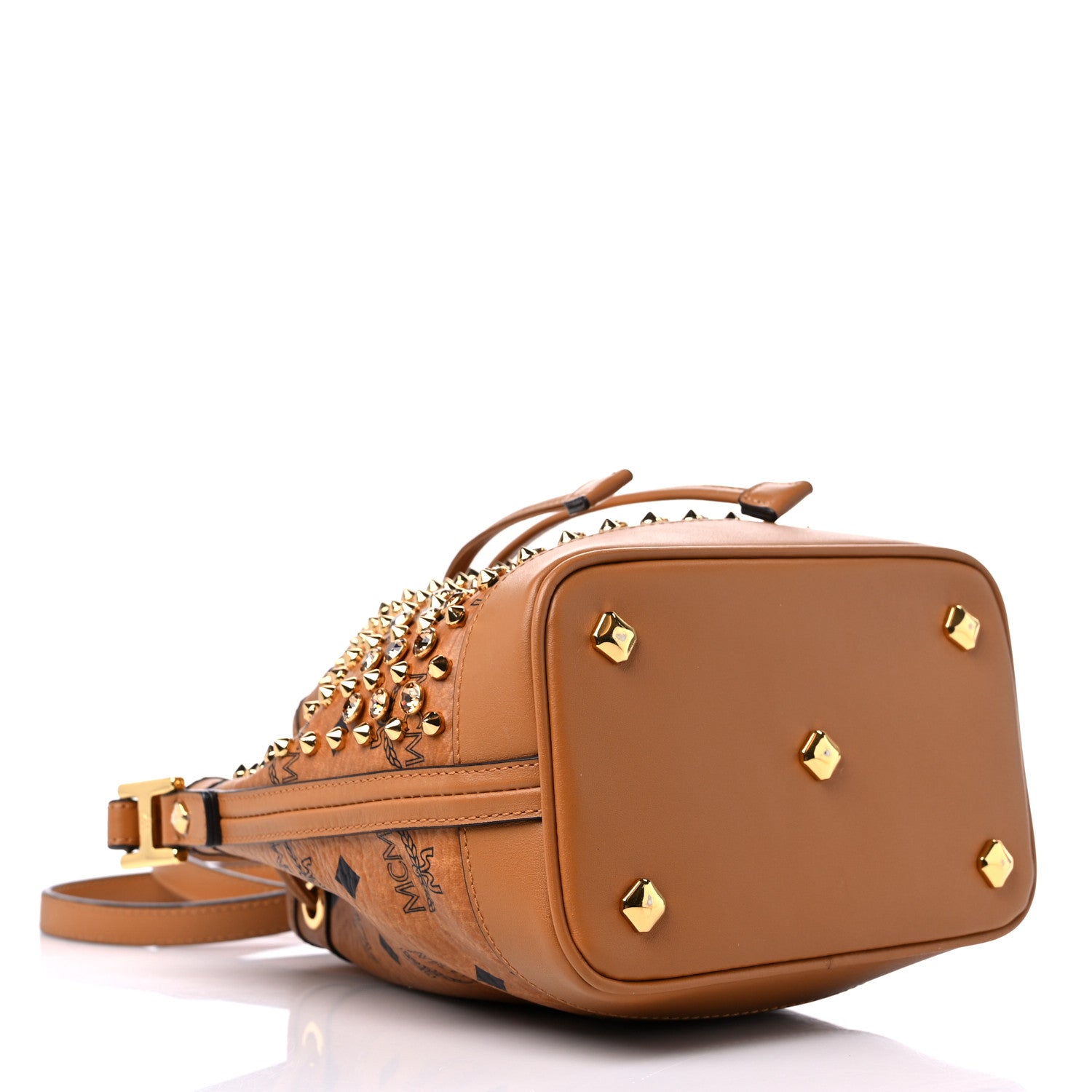 MCM Visetos Swarovski Crystal Studded Mini Drawstring Bucket Bag Cognac 4 of 11