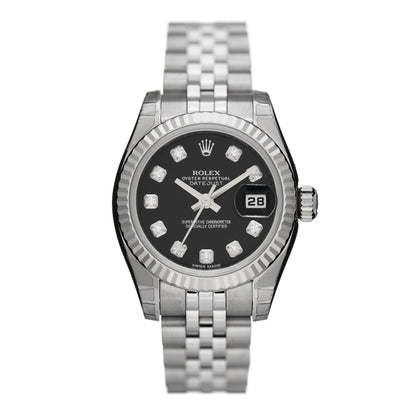 Rolex Stainless Steel 18K White Gold Diamond 26mm Oyster Perpetual Datejust Watch Black 179174 1 of 4