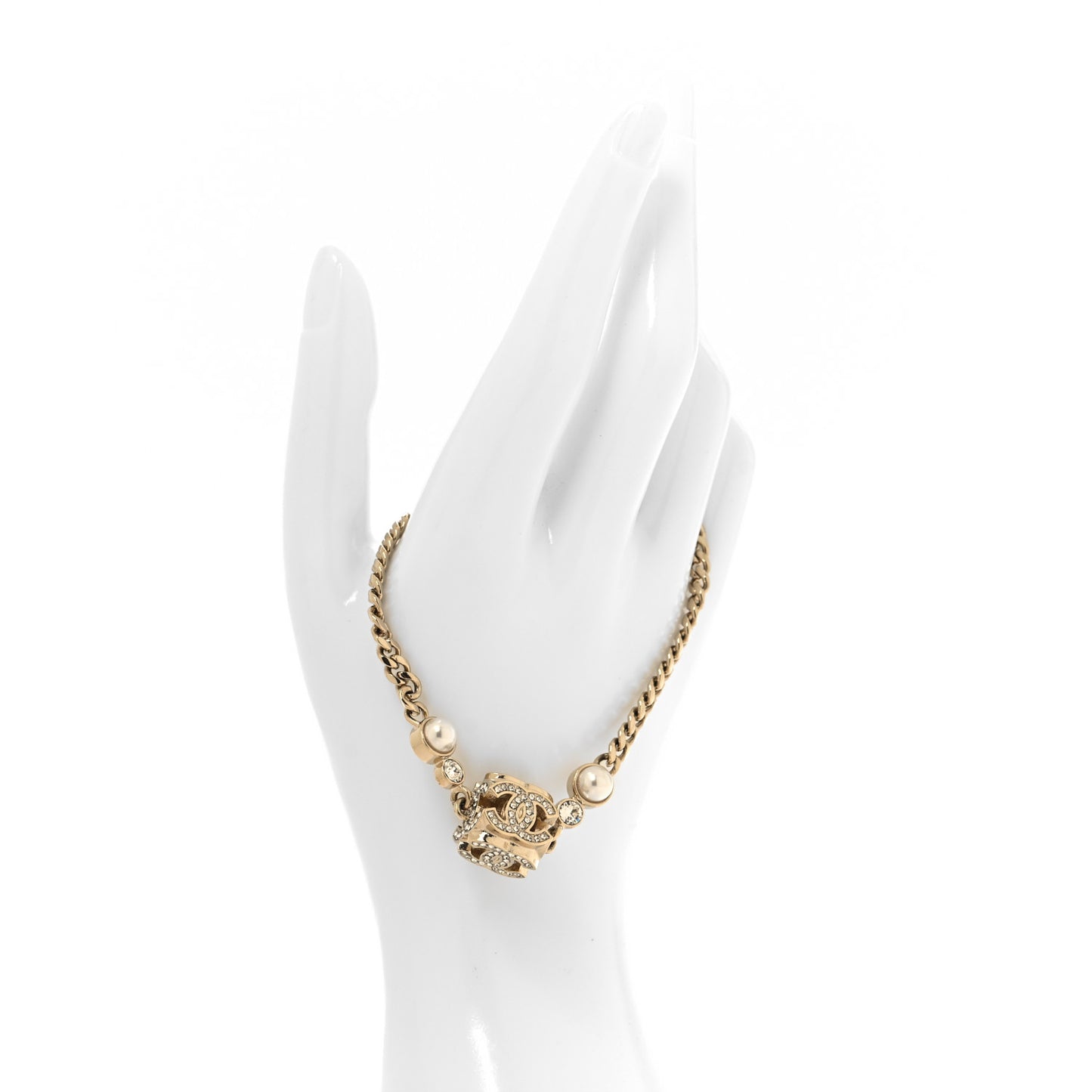 Crystal Pearl CC Chain Charm Bracelet Gold