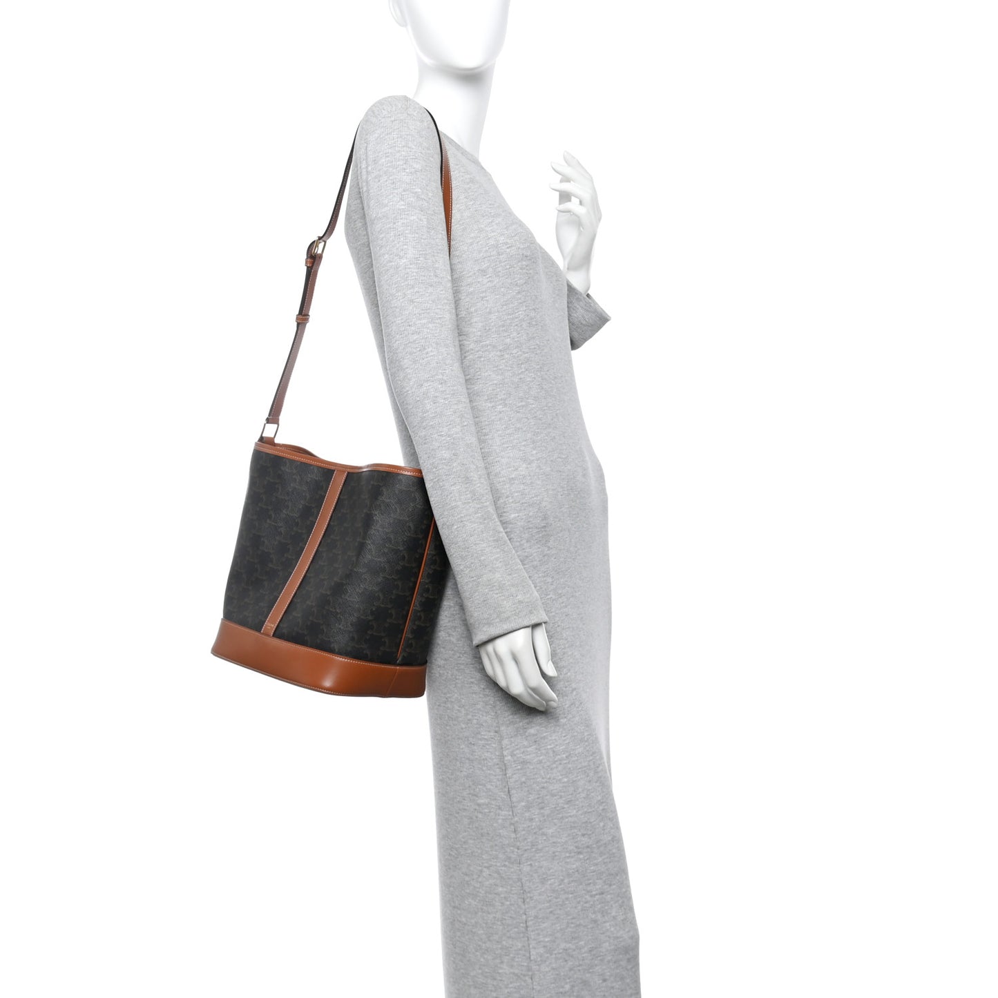 Triomphe Canvas Calfskin Medium Bucket Bag Tan