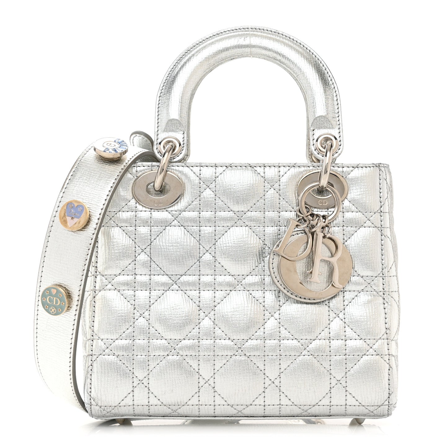 Metallic Grained Calfskin Cannage Small Lucky Badges My Lady Dior Silver