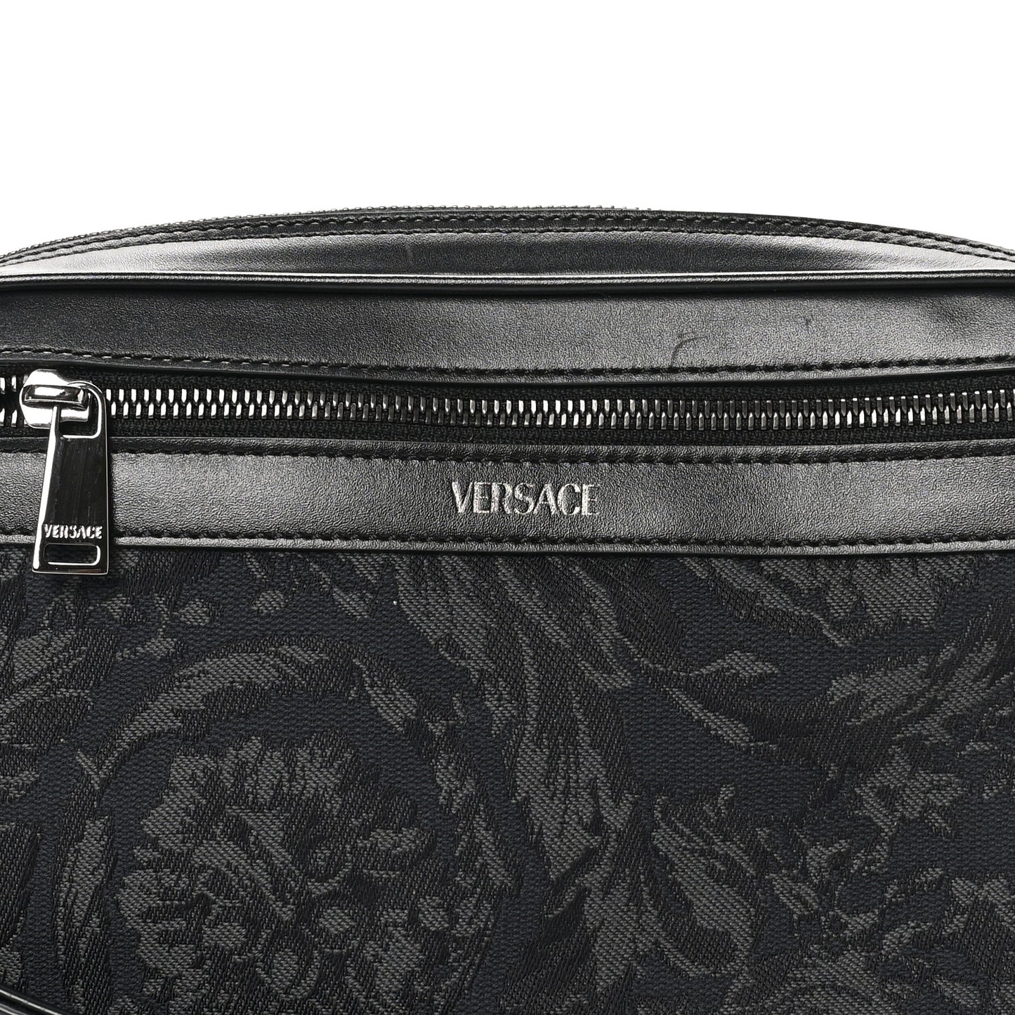 Fabric Jacquard Calfskin Barocco Wristlet Pouch Black