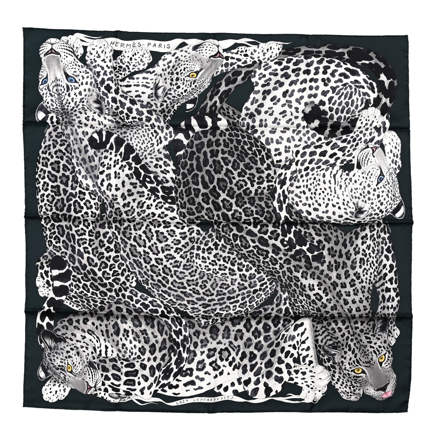 Silk Twill Lazy Leopardesses Scarf 90 Vert Black Gris