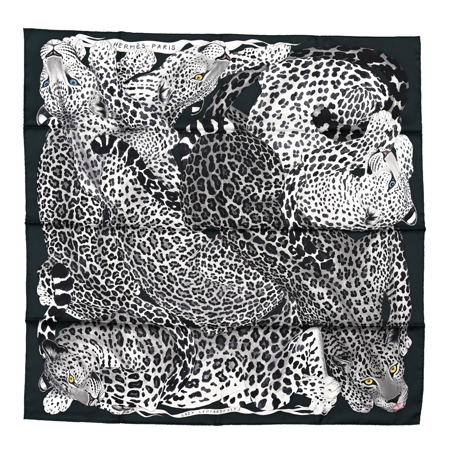 Hermes Silk Twill Lazy Leopardesses Scarf 90 Vert Black Gris 1 of 5