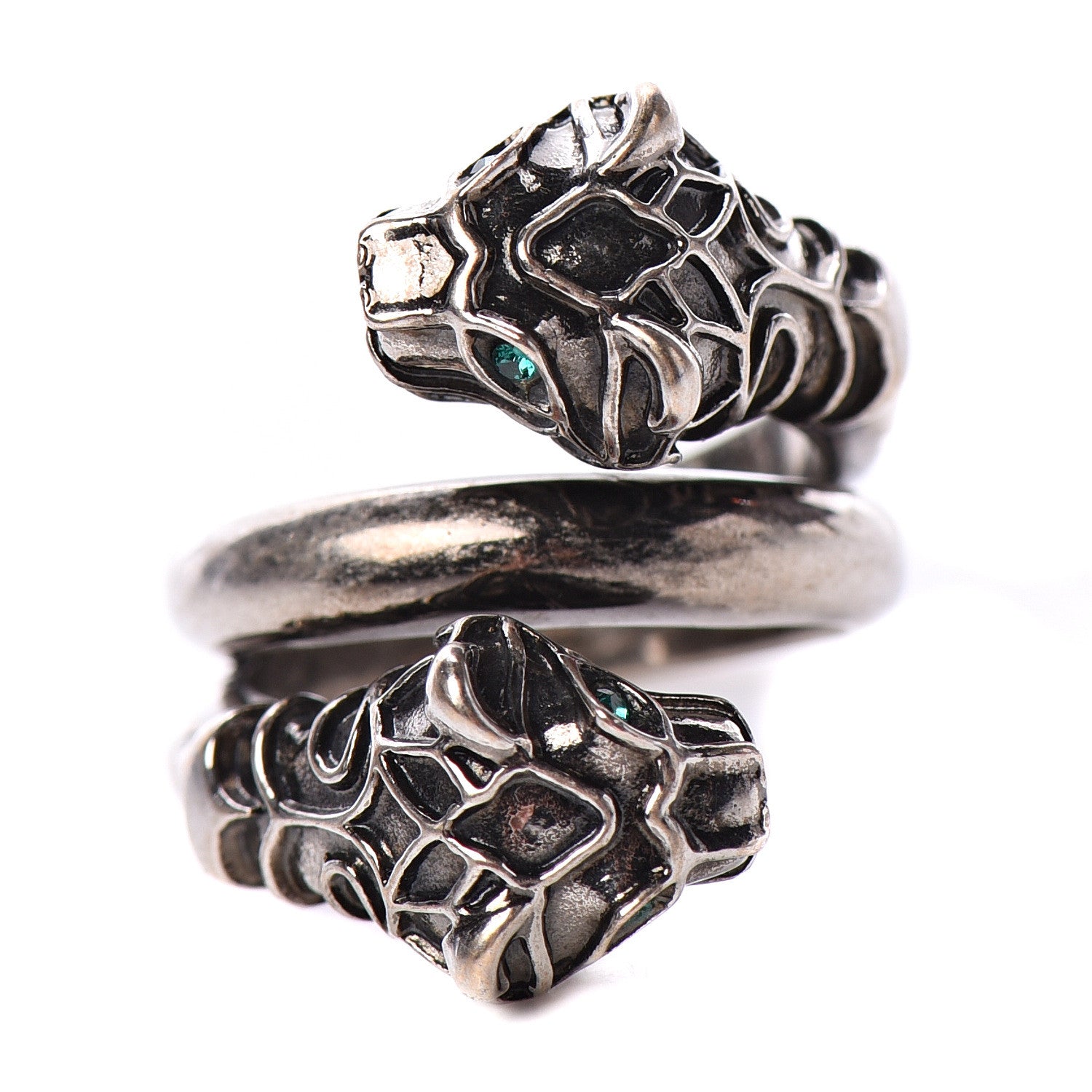 Gucci Metal Swarovski Tiger Head Ring 7.25 Aged Silver Green 1 of 5