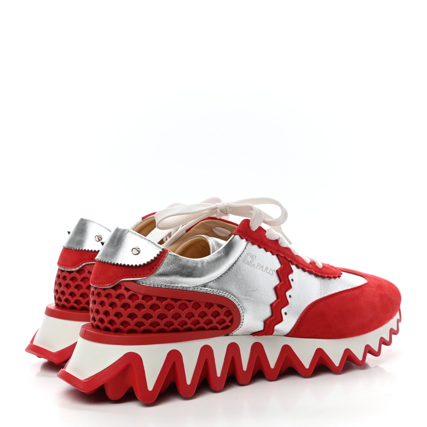 Christian Louboutin Suede Laminated Nappa Mens Loubishark Sneakers 43 Loubi Red Silver 4 of 9