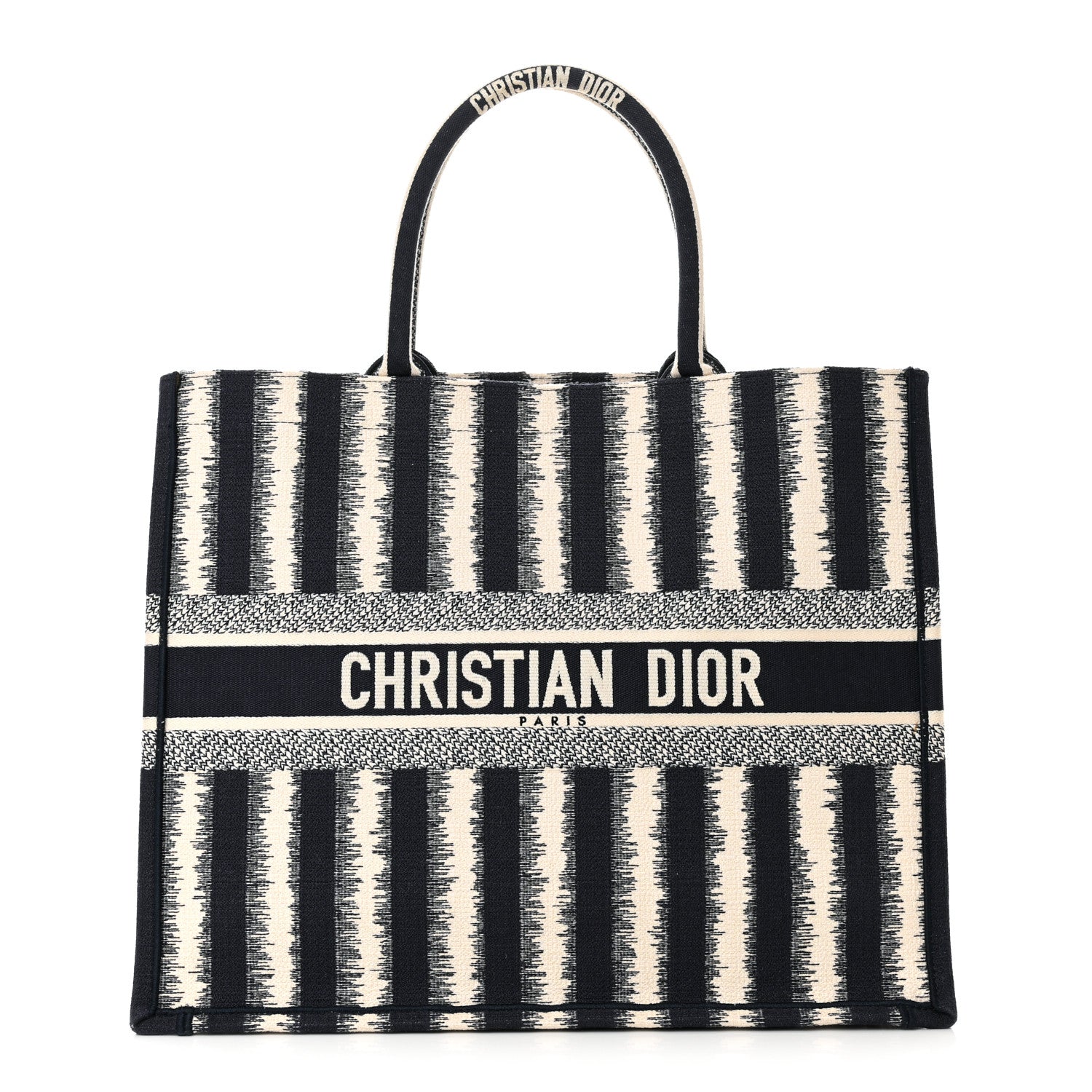 Christian Dior Canvas Embroidered Large Striped Book Tote Navy 1 of 10