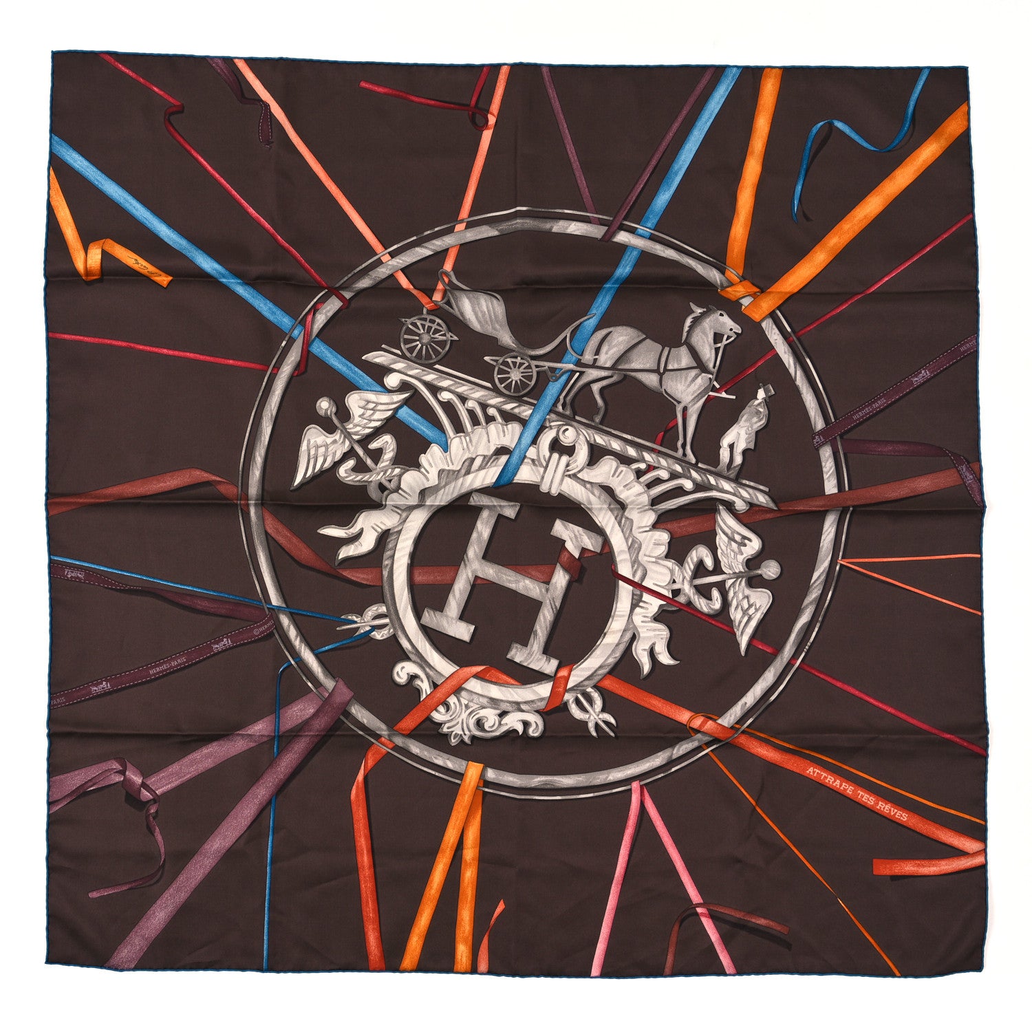 Hermes Silk Attrape Tes Reves Scarf 90 Chocolat Ardoise Taupe 1 of 3