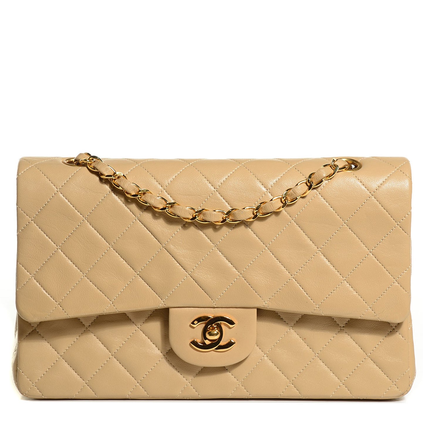 Lambskin Quilted Medium Double Flap Light Beige