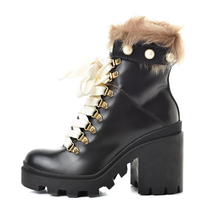 Gucci Magnum Calfskin Fur Pearl Lace Up Combat Ankle Boots 36 Black Naturale 1 of 10