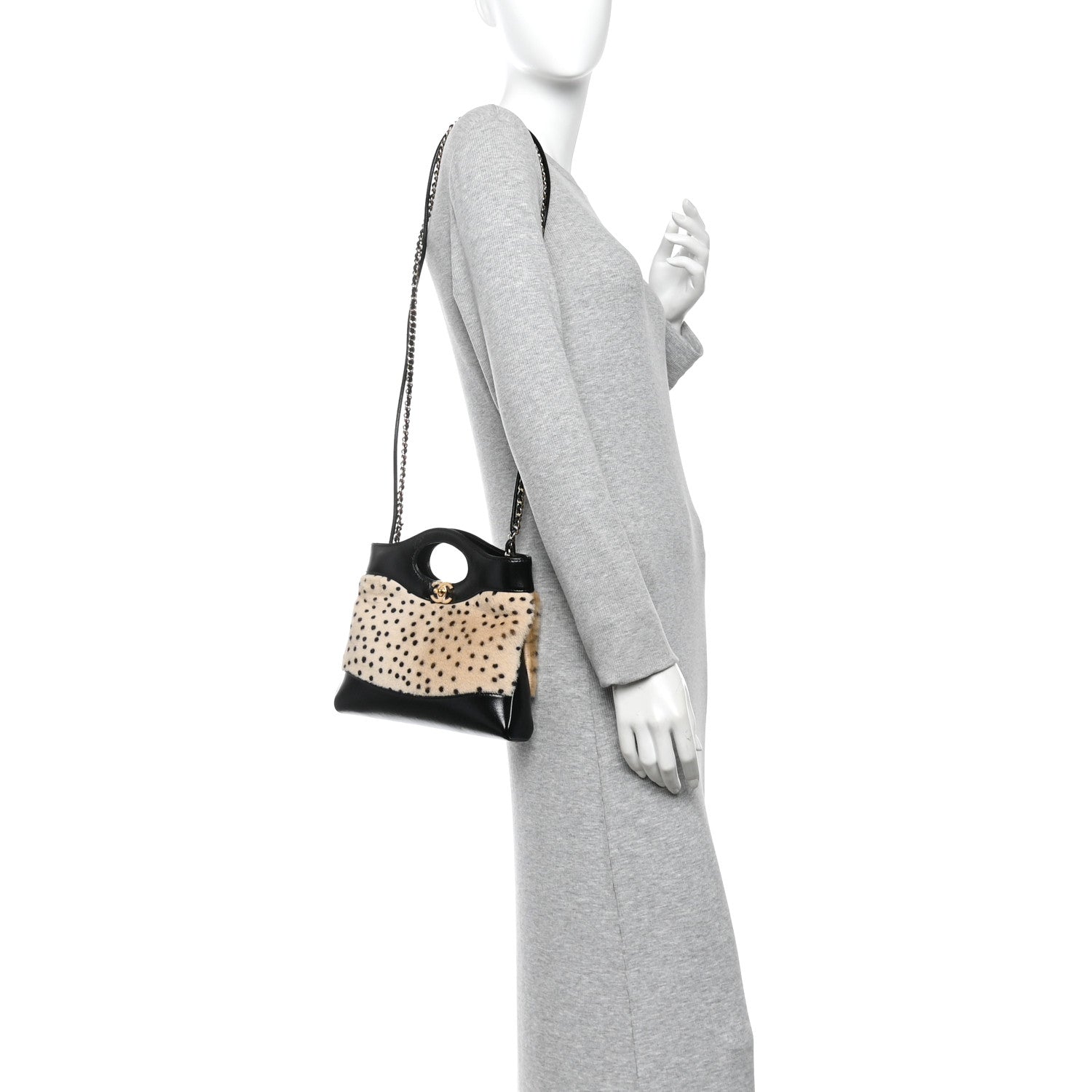 Chanel Shiny Lambskin Pony Hair Cheetah Printed Mini 31 Shopping Bag Light Beige Black 2 of 11