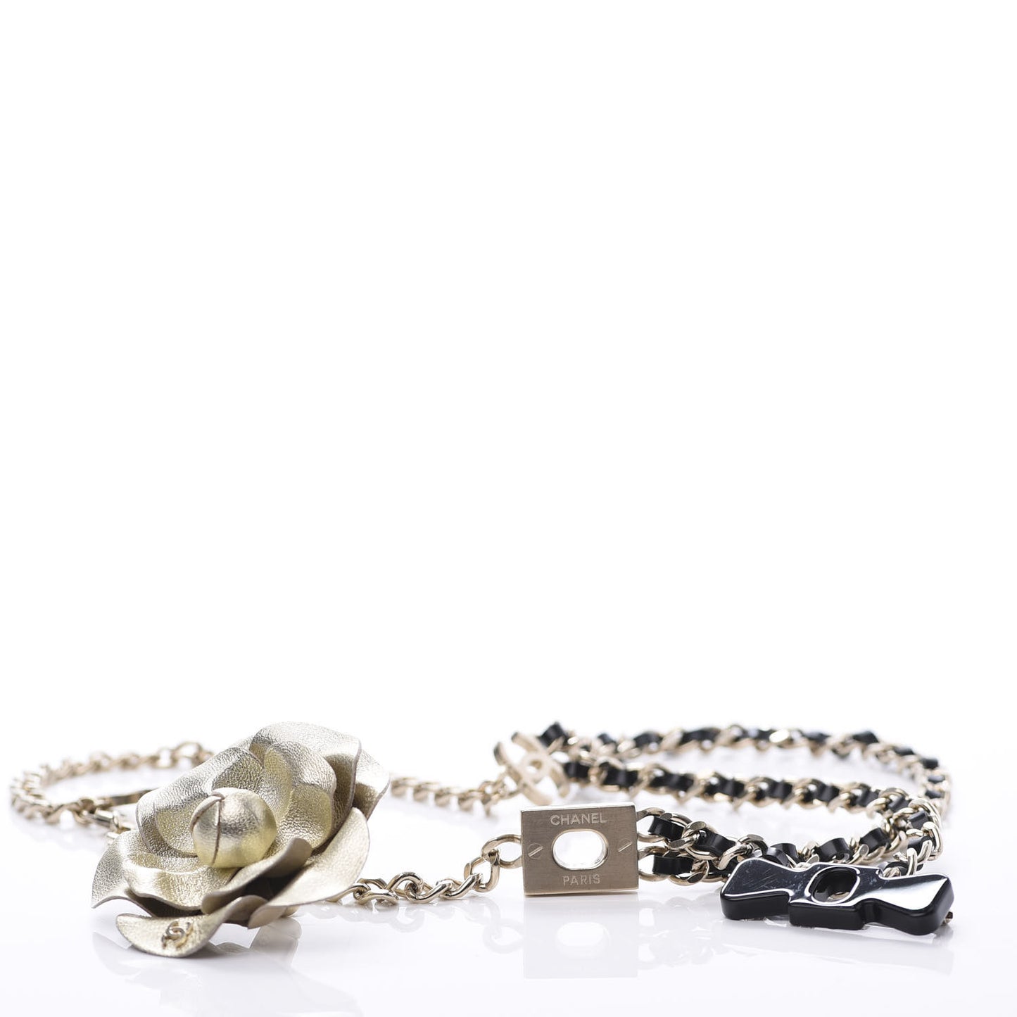 Glazed Calfskin CC Camellia Chain Necklace Gold Black