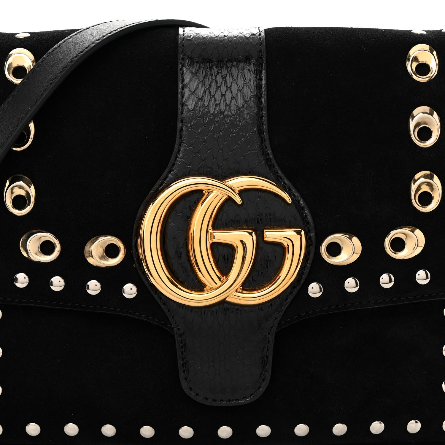 Gucci Suede Snakeskin Studded Medium Arli Flap Shoulder Bag Black 8 of 10