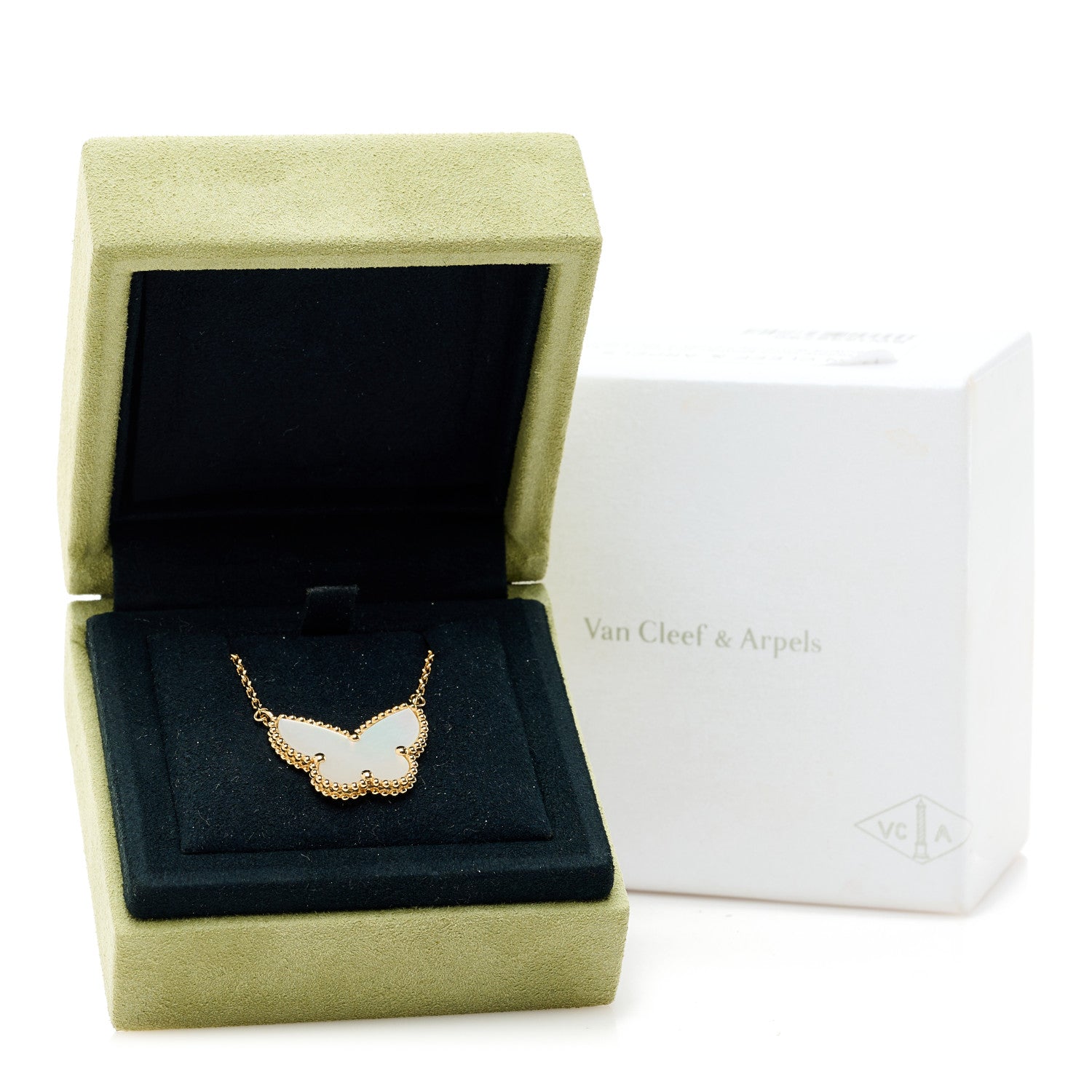 Van Cleef & Arpels 18k Yellow Gold Mother of Pearl Lucky Alhambra Butterfly Pendant Necklace 6 of 6