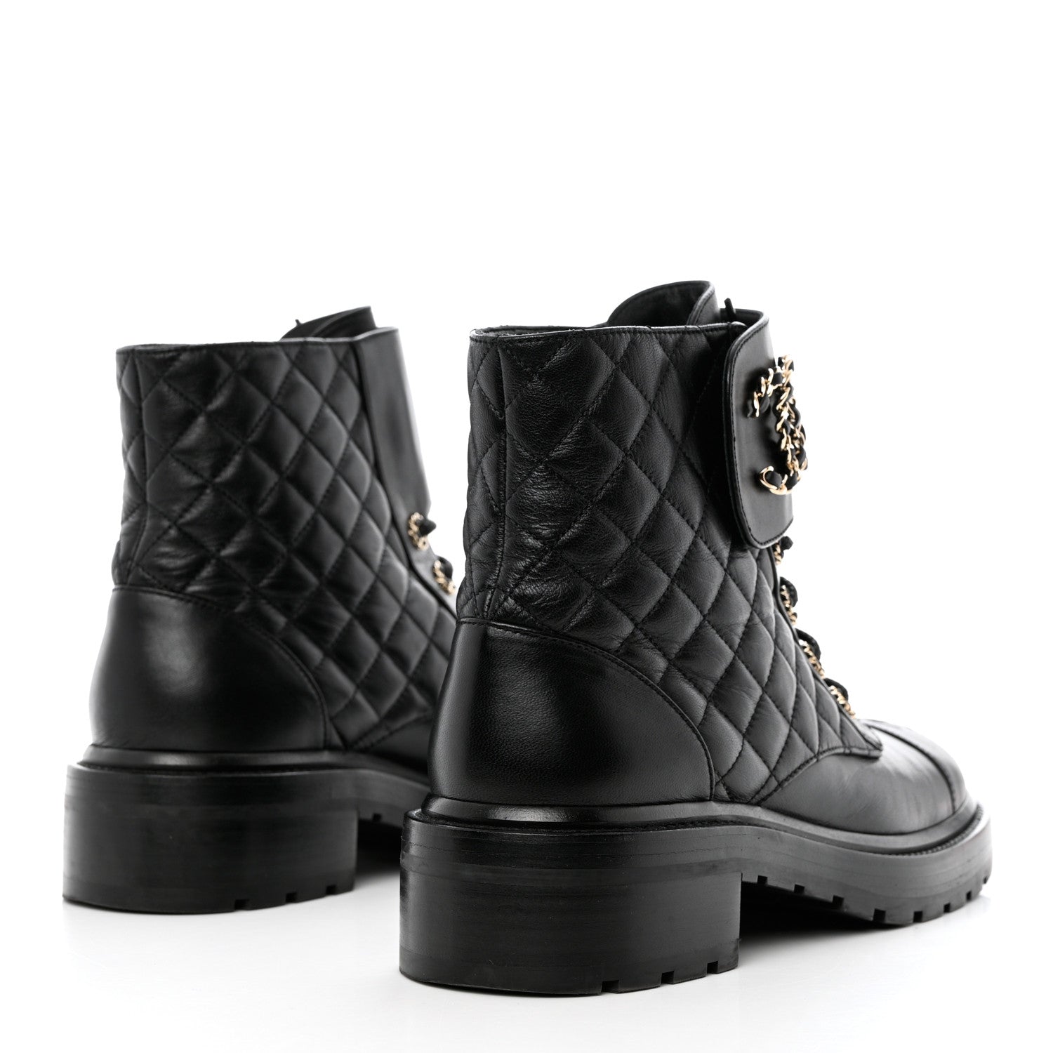 Chanel Shiny Calfskin Quilted Lace Up Combat Boots 40.5 Black 4 of 12