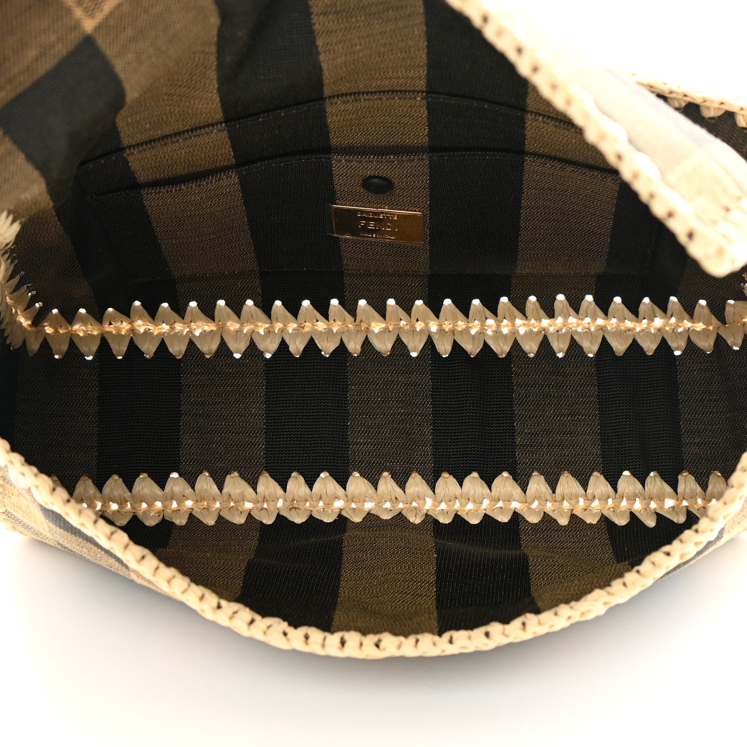 Fendi Fabric Jacquard Raffia Straw Pequin Gingham Woven Baguette Beige Black Natural 5 of 10