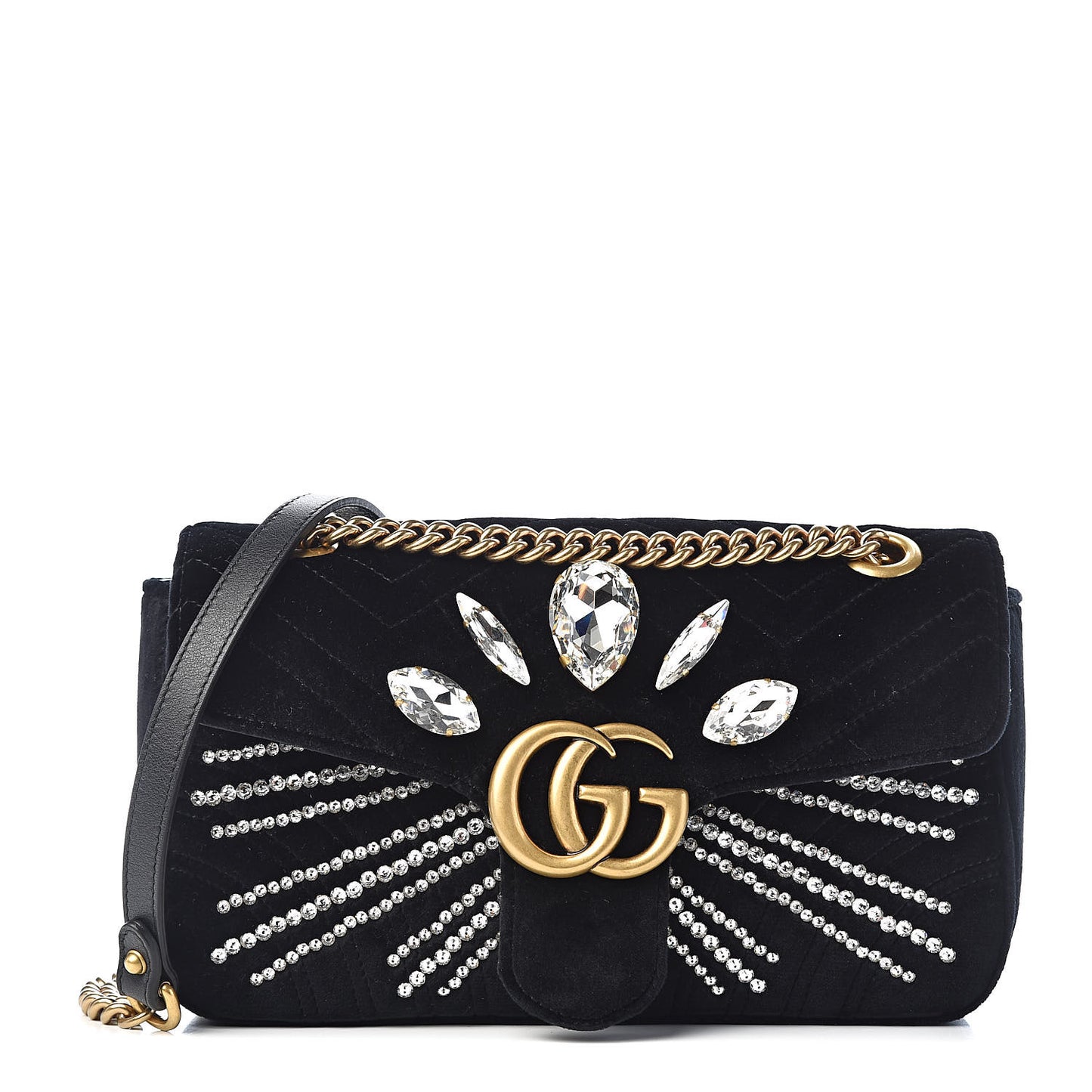 Velvet Matelasse Marquise Crystals Embroidered Small GG Marmont Shoulder Bag Black