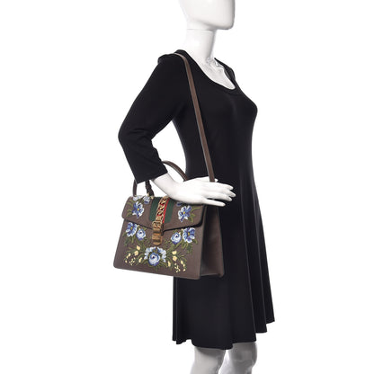 Gucci Calfskin Embroidered Medium Sylvie Top Handle Bag New Acero Multicolor 2 of 11