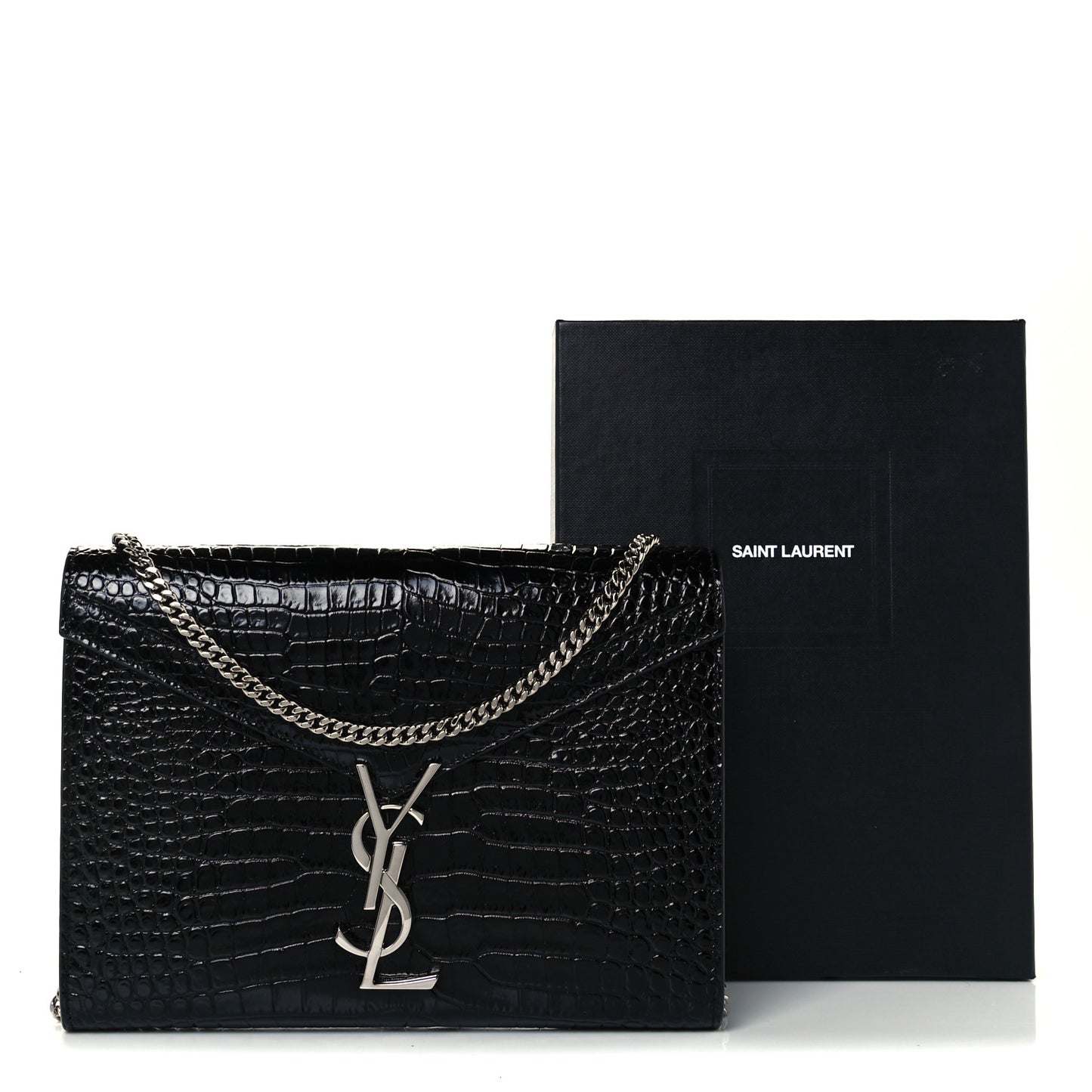 Patent Calfskin Crocodile Embossed Monogram Cassandra Chain Wallet Black
