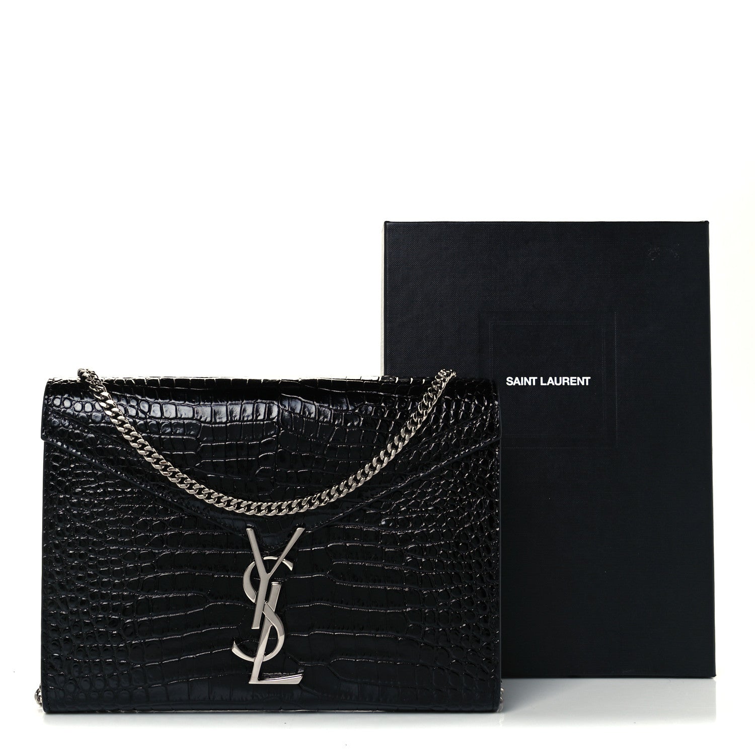 Saint Laurent Patent Calfskin Crocodile Embossed Monogram Cassandra Chain Wallet Black 11 of 11