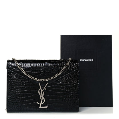 Saint Laurent Patent Calfskin Crocodile Embossed Monogram Cassandra Chain Wallet Black 11 of 11