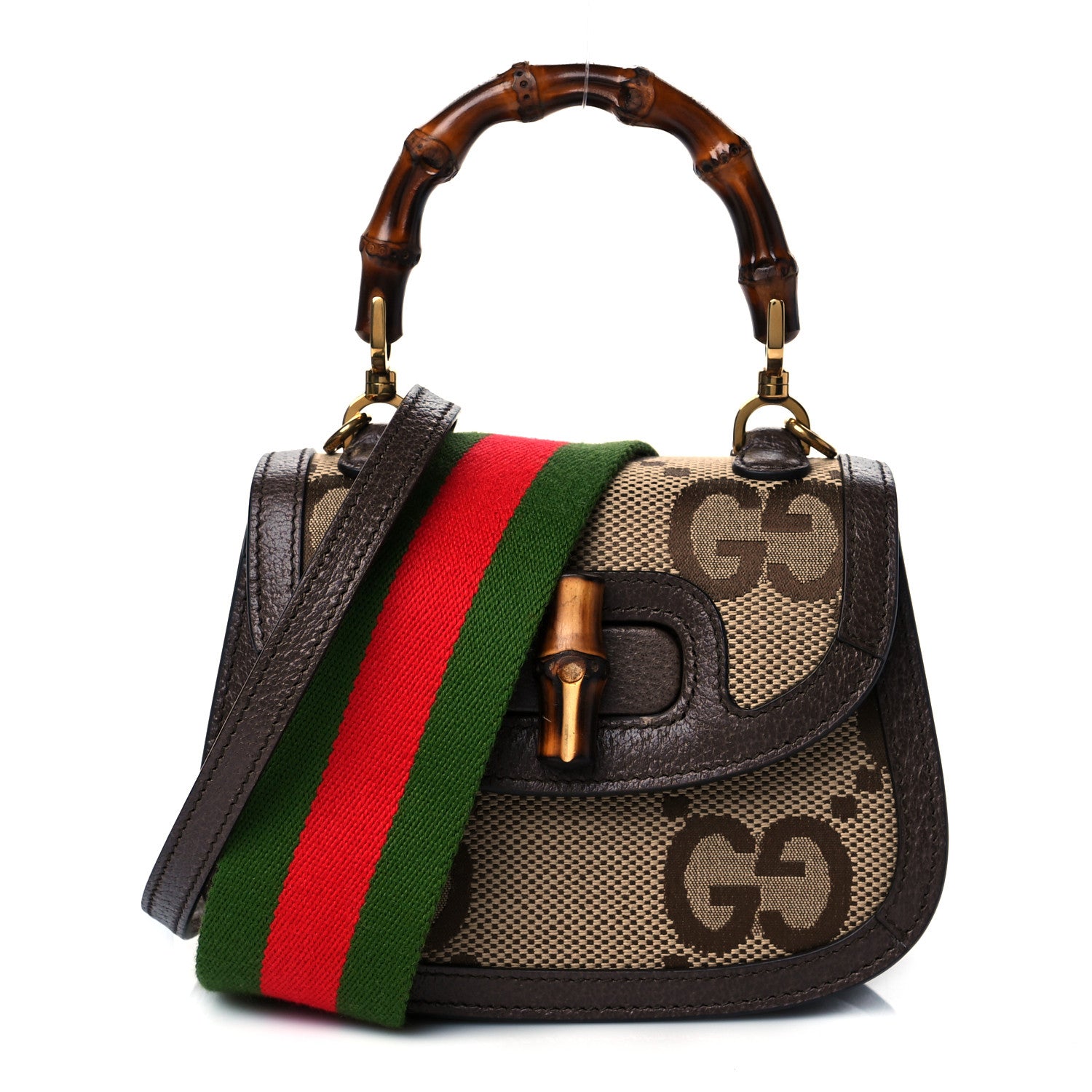 Gucci Monogram Jumbo GG Textured Dollar Calfskin Web Mini Bamboo 1947 Top Handle Bag Camel Ebony New Acero 1 of 12