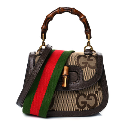 Gucci Monogram Jumbo GG Textured Dollar Calfskin Web Mini Bamboo 1947 Top Handle Bag Camel Ebony New Acero 1 of 12