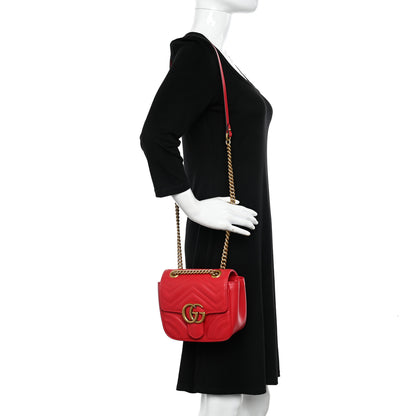 Gucci Calfskin Matelasse Mini GG Marmont Square Shoulder Bag Hibiscus Red 2 of 12