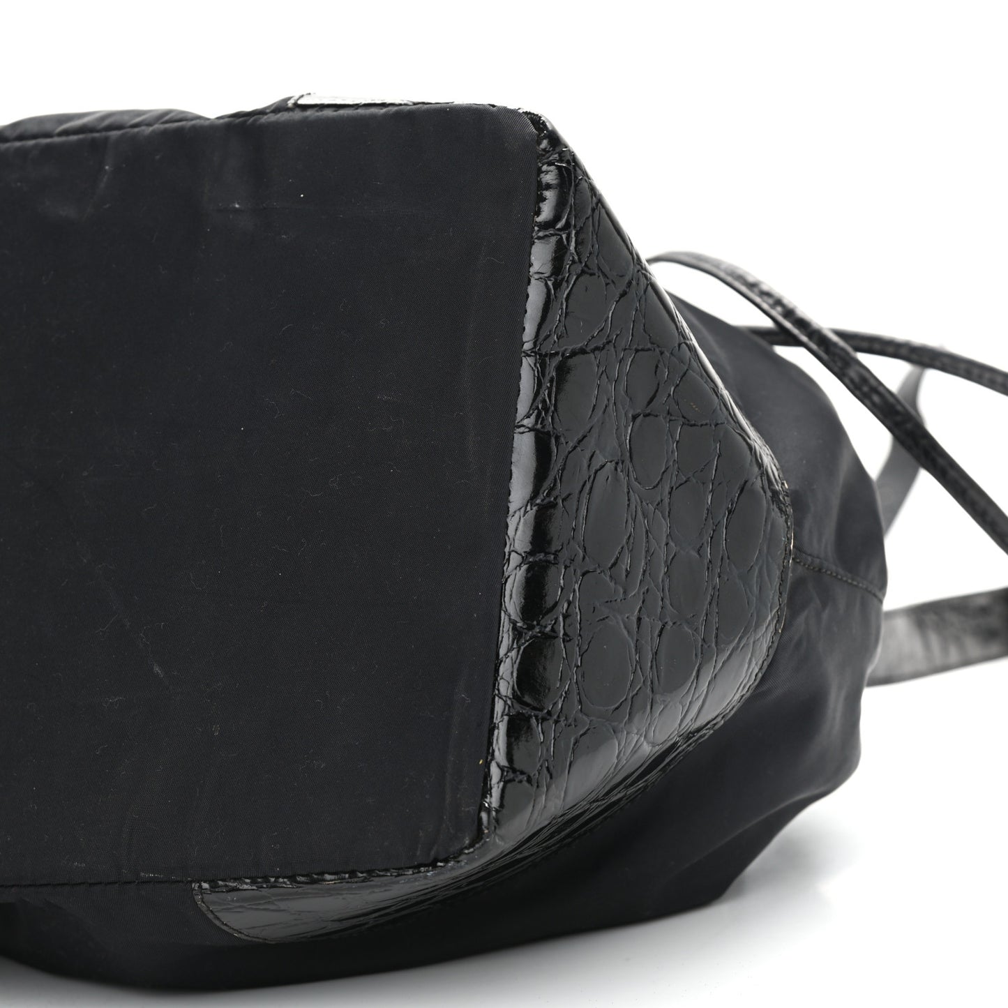 Tessuto Nylon Crocodile Embossed Calfskin Bucket Bag Black