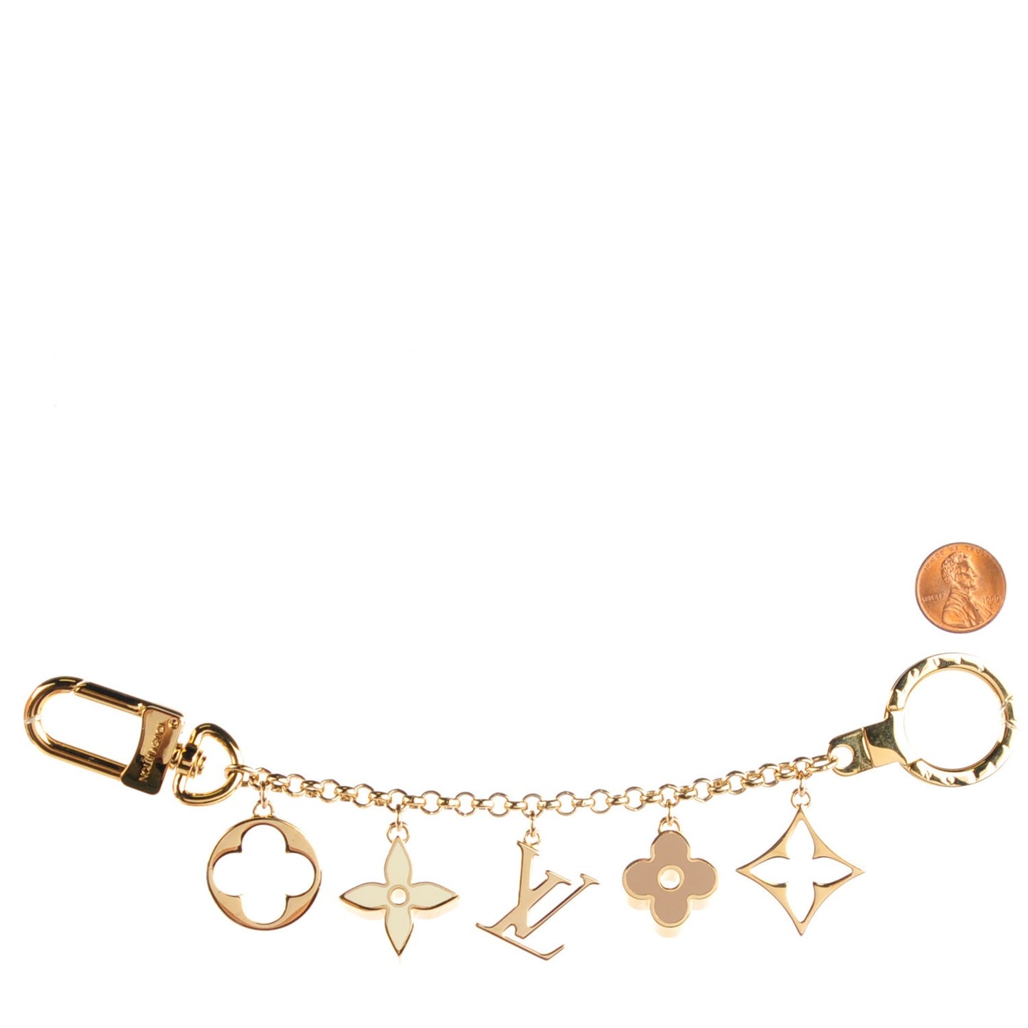 Brass Enamel Fleur De Monogram Bag Charm Chain Gold
