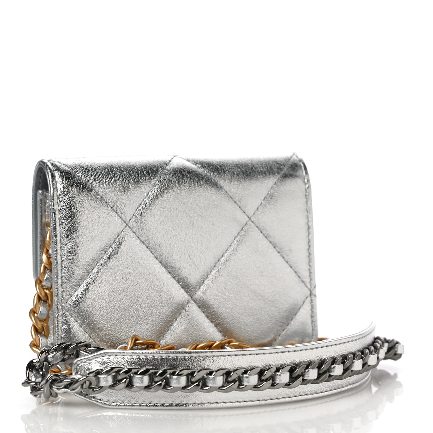 Metallic Lambskin Quilted Chanel 19 Flap Purse Vanity With Chain Silver