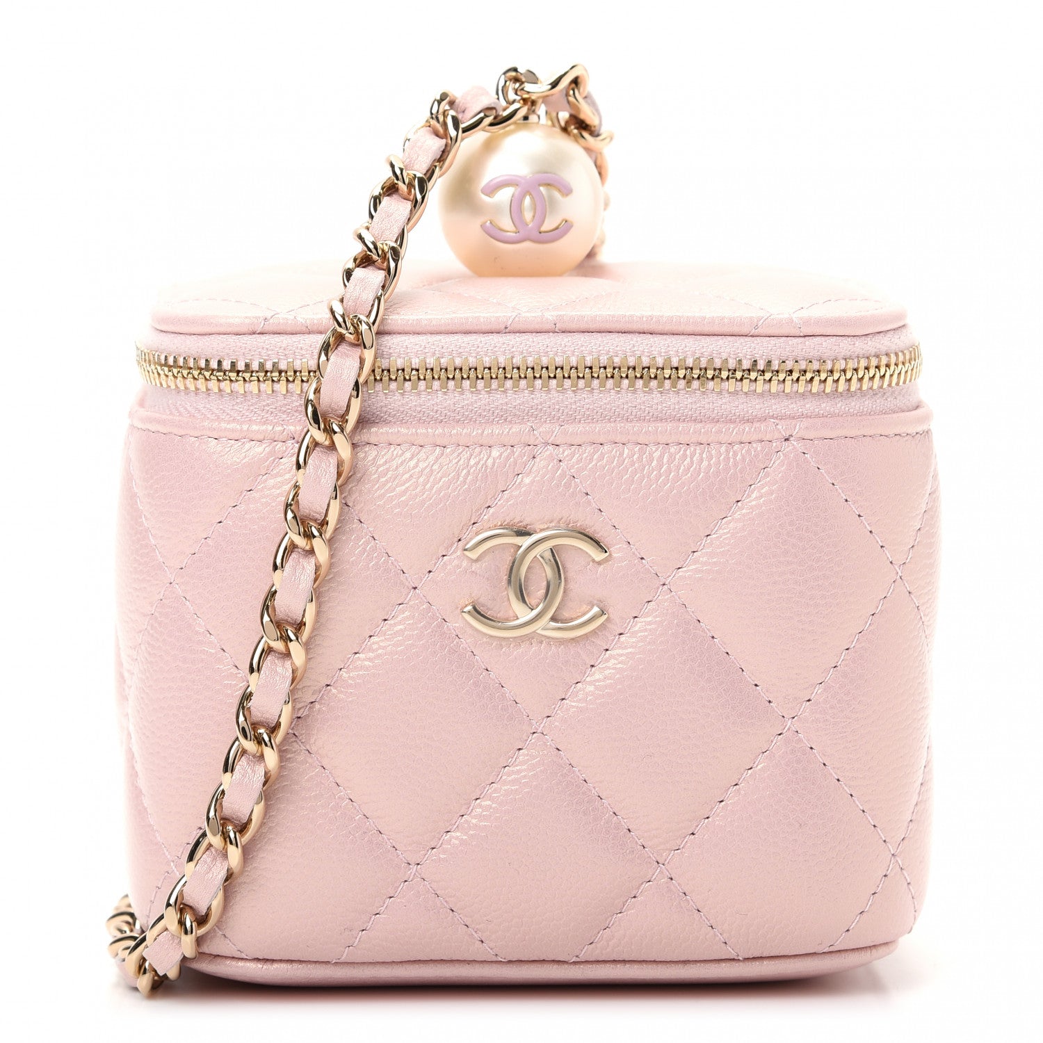 Chanel Iridescent Caviar Quilted Mini Pearl On Top Vanity Case With Chain Light Pink 1 of 10