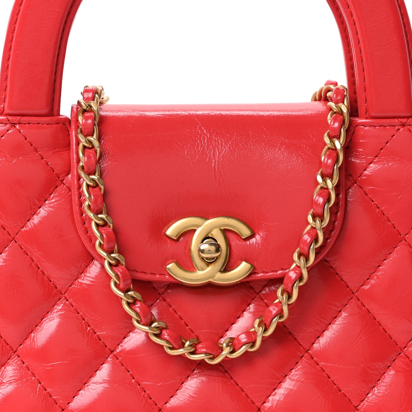Shiny Aged Calfskin Quilted Nano Kelly Shopper Red