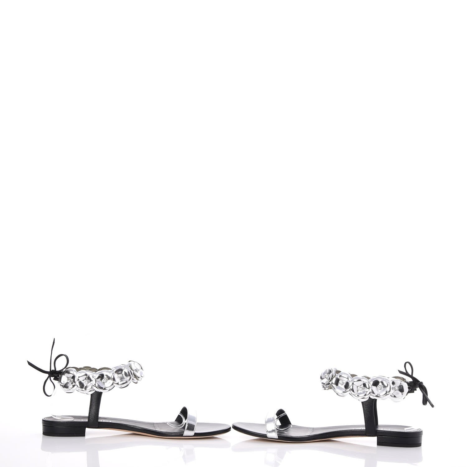 Chanel Metallic Lambskin Camellia Ankle Strap Sandals F40 Black Silver 6 of 10