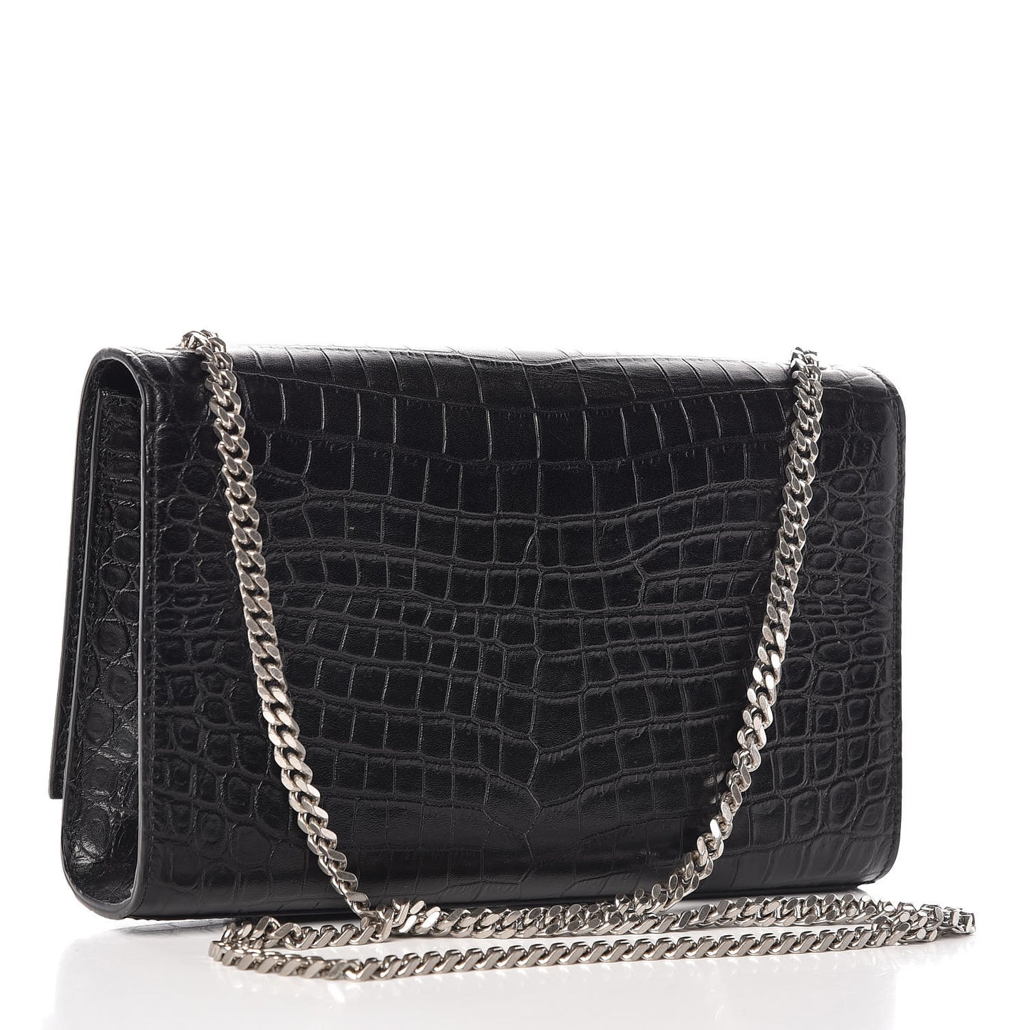 Calfskin Crocodile Embossed Medium Classic Monogram Kate Tassel Satchel Black