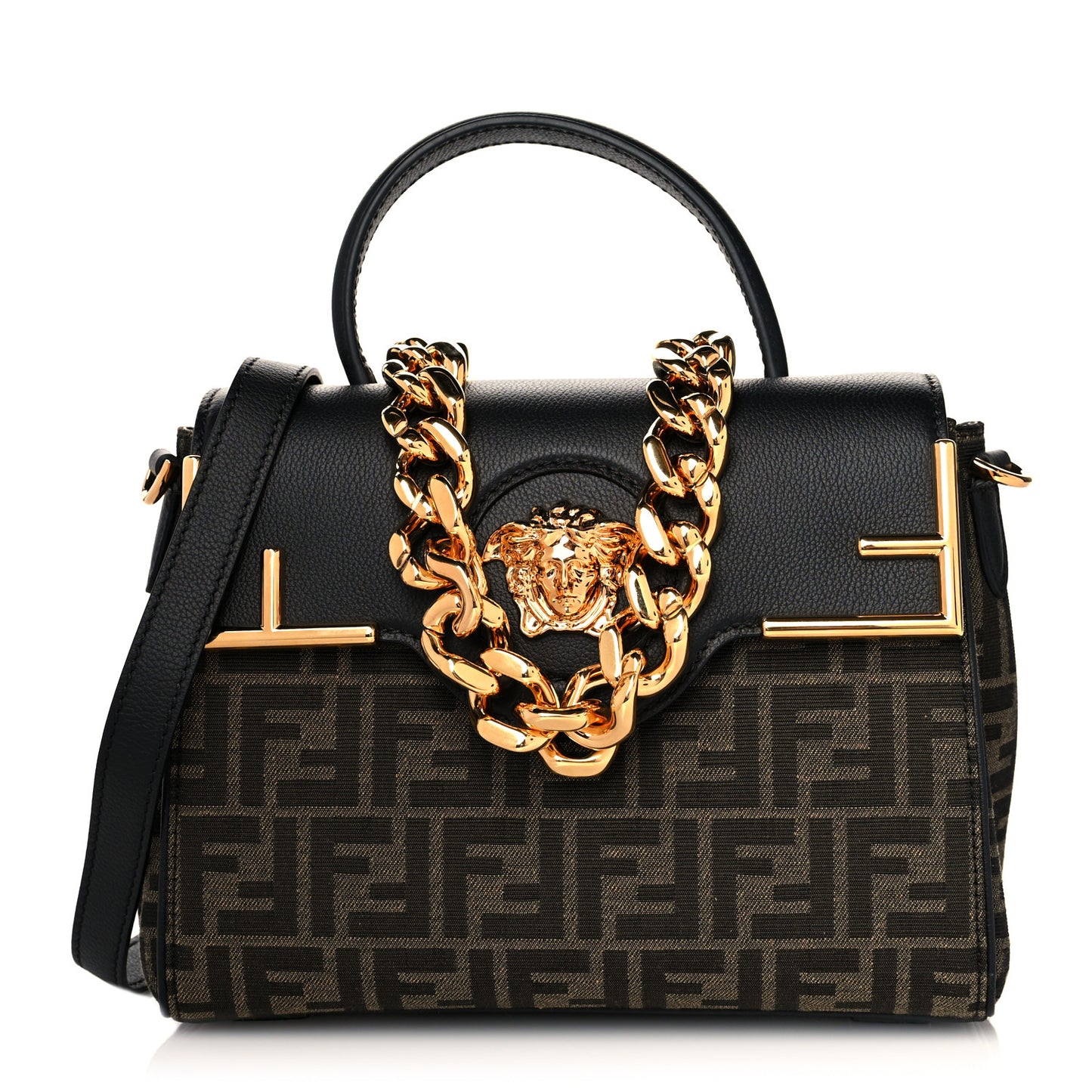 X FENDI Grained Calfskin Fendace Medium La Medusa Top Handle Bag Black Brown
