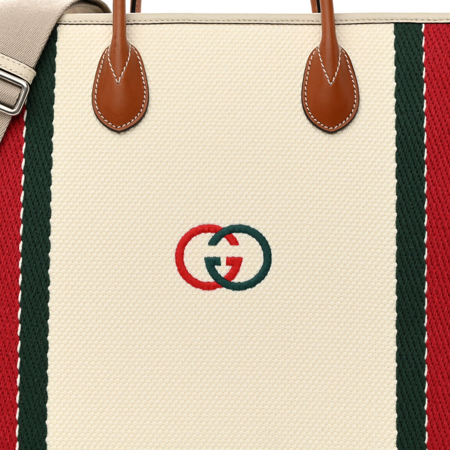 Canvas Web Embroidered Interlocking G Tote Light Beige Mystic White Green Red