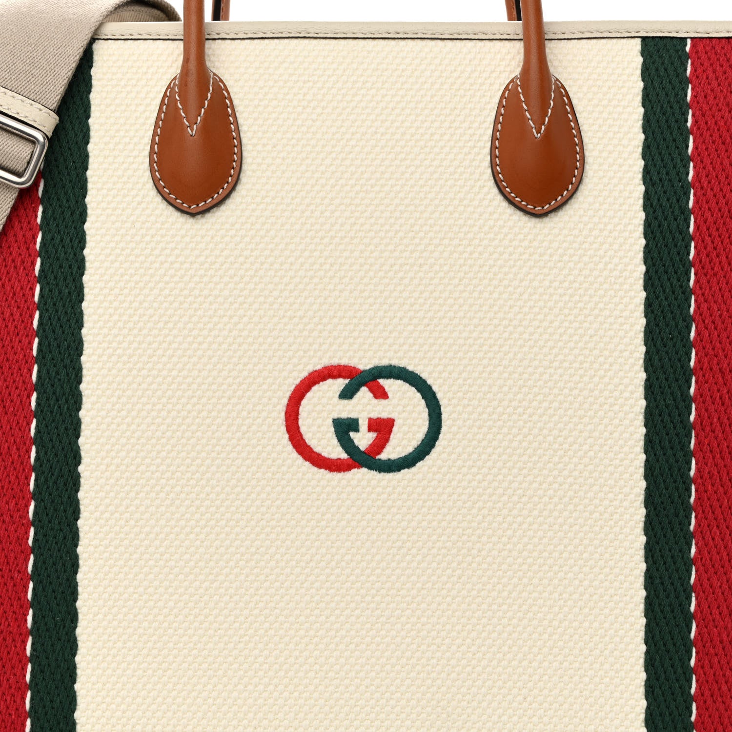 Gucci Canvas Web Embroidered Interlocking G Tote Light Beige Mystic White Green Red 7 of 9