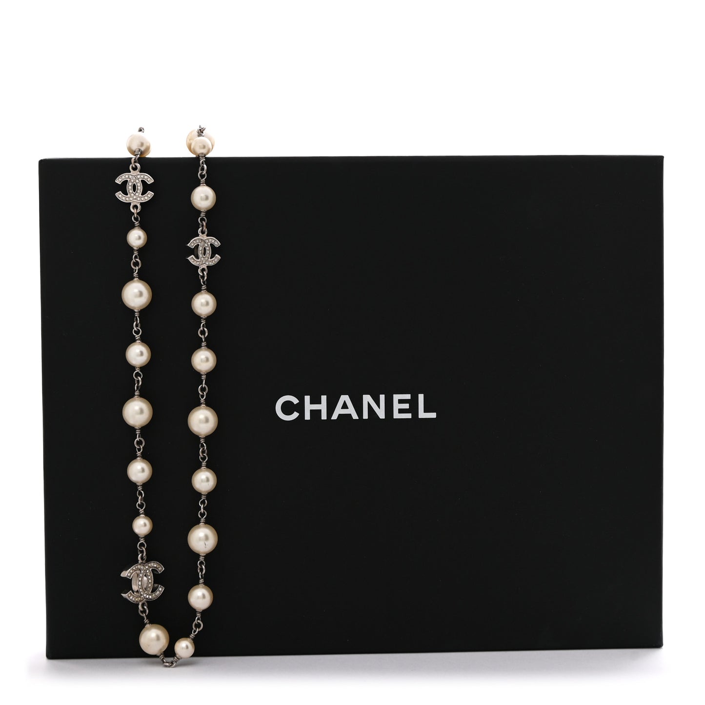 Graduated Pearl Crystal CC Long Necklace Silver