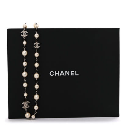 Chanel Graduated Pearl Crystal CC Long Necklace Silver 7 of 7