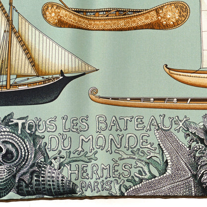 Hermes Silk Tous Les Bateaux Du Monde Scarf 90 Amande Celadon Caramel 2 of 6