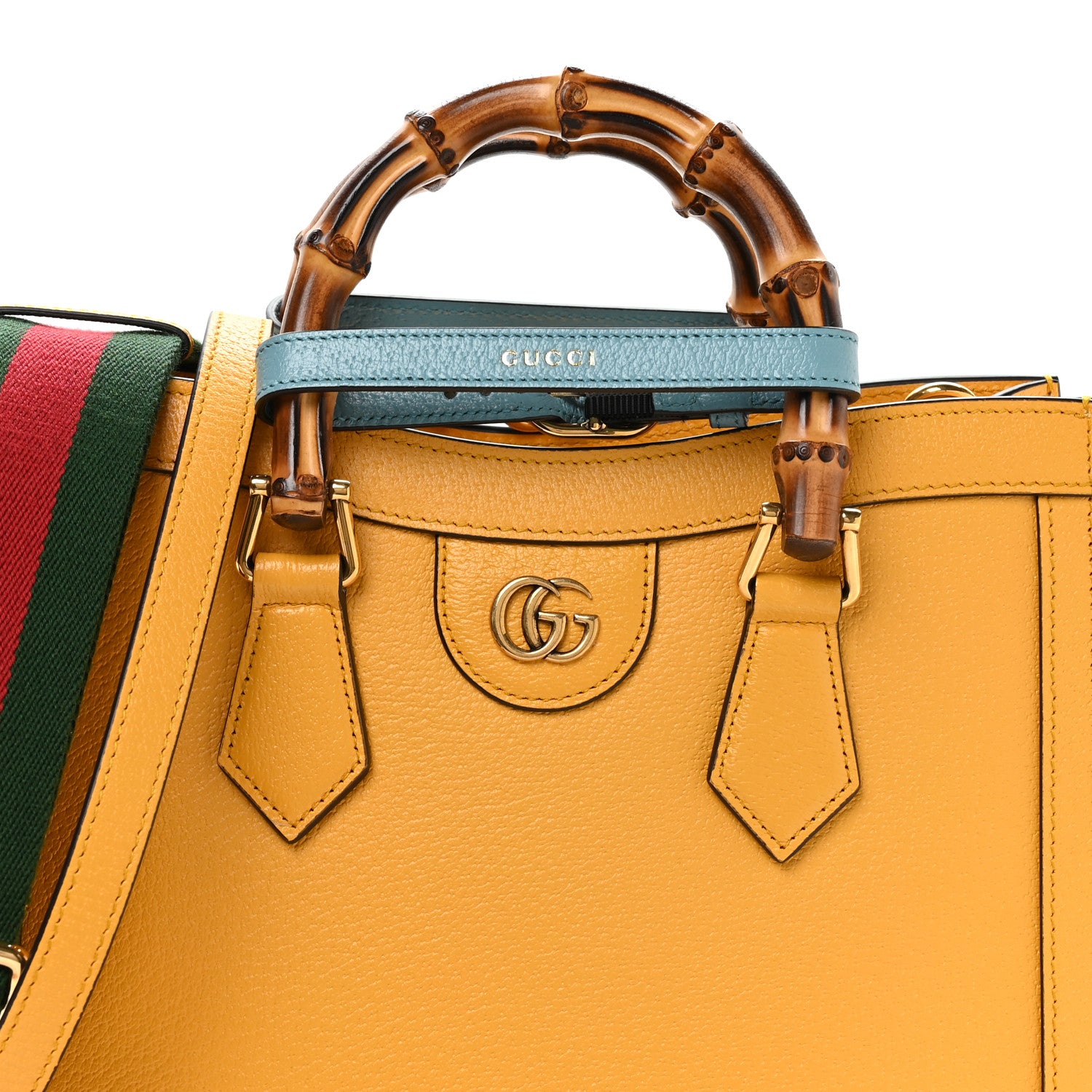 Gucci Textured Dollar Calfskin Web Small Diana Tote Bag Yellow Dusty Azure 14 of 19