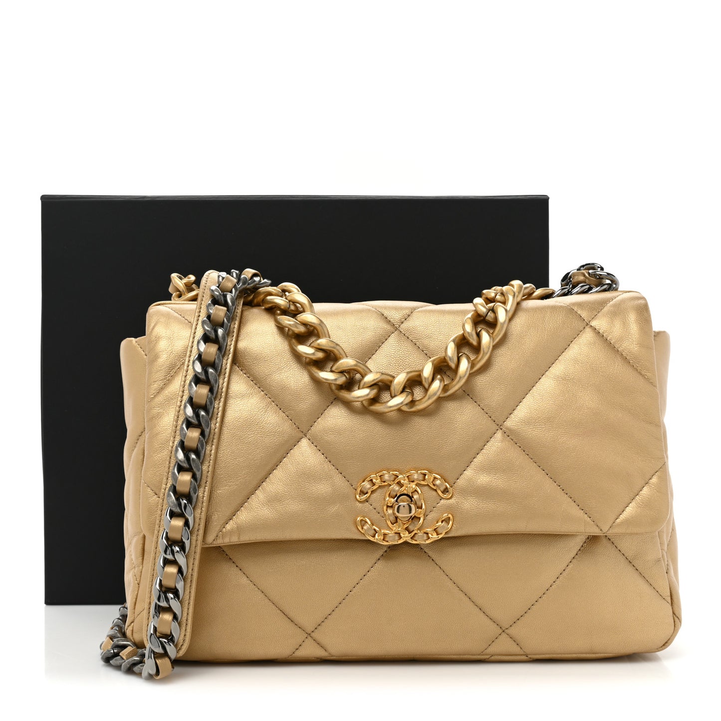Metallic Goatskin Quilted Large Chanel 19 Flap Gold
