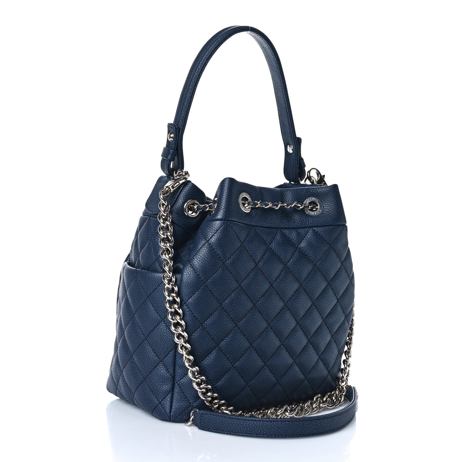 Chanel Caviar Flat Quilted CC Chain Bucket Drawstring Bag Navy 2 of 7