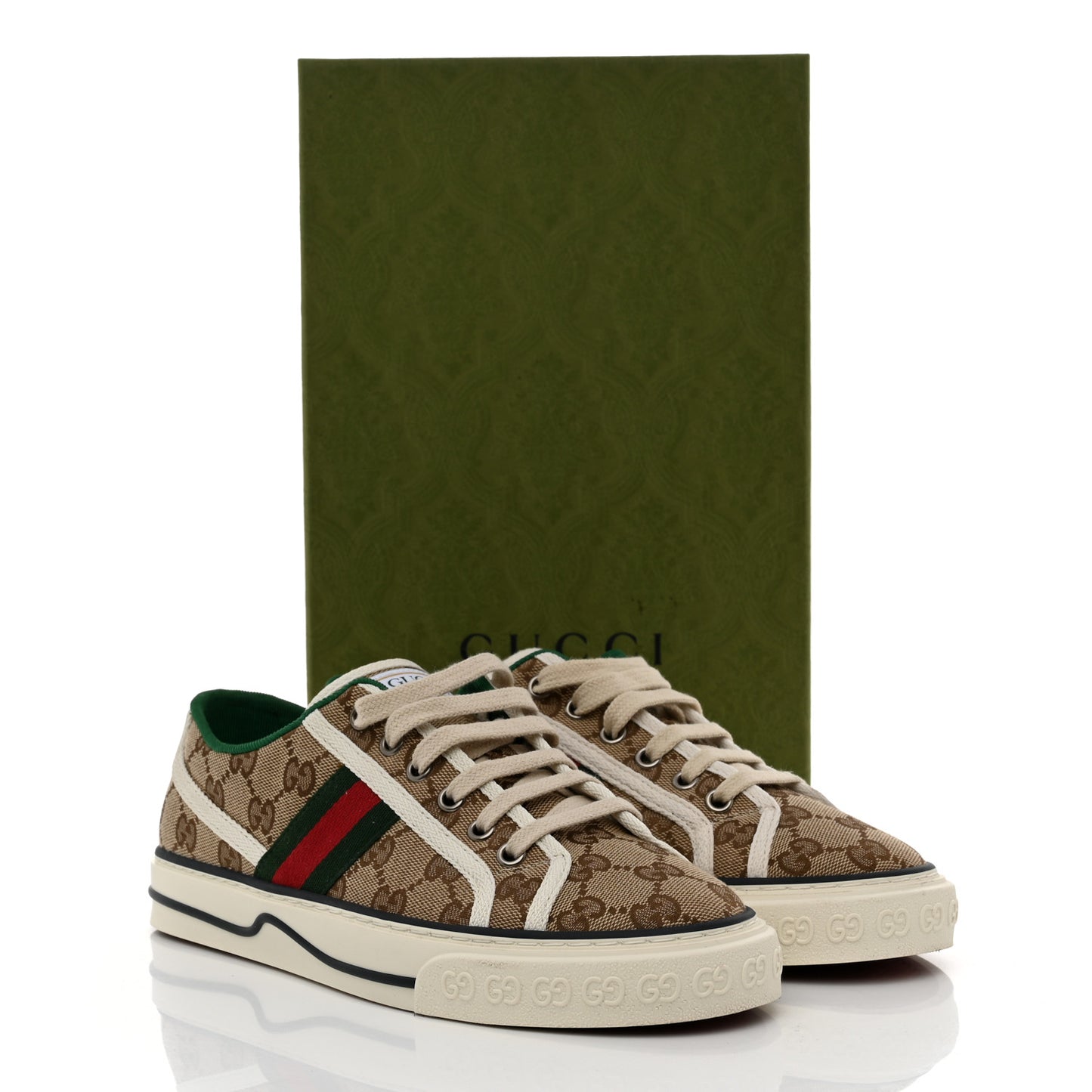 GG Monogram Web Womens 1977 Tennis Sneakers 38 Beige Ebony Mystic White